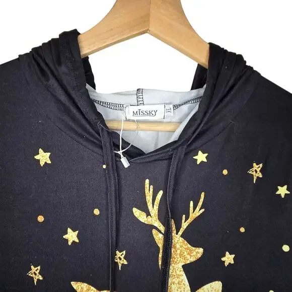 Missky Small Black Baggy Hoodie Dress w/ Reindeer and Stars [0007] - Picture 3 of 10
